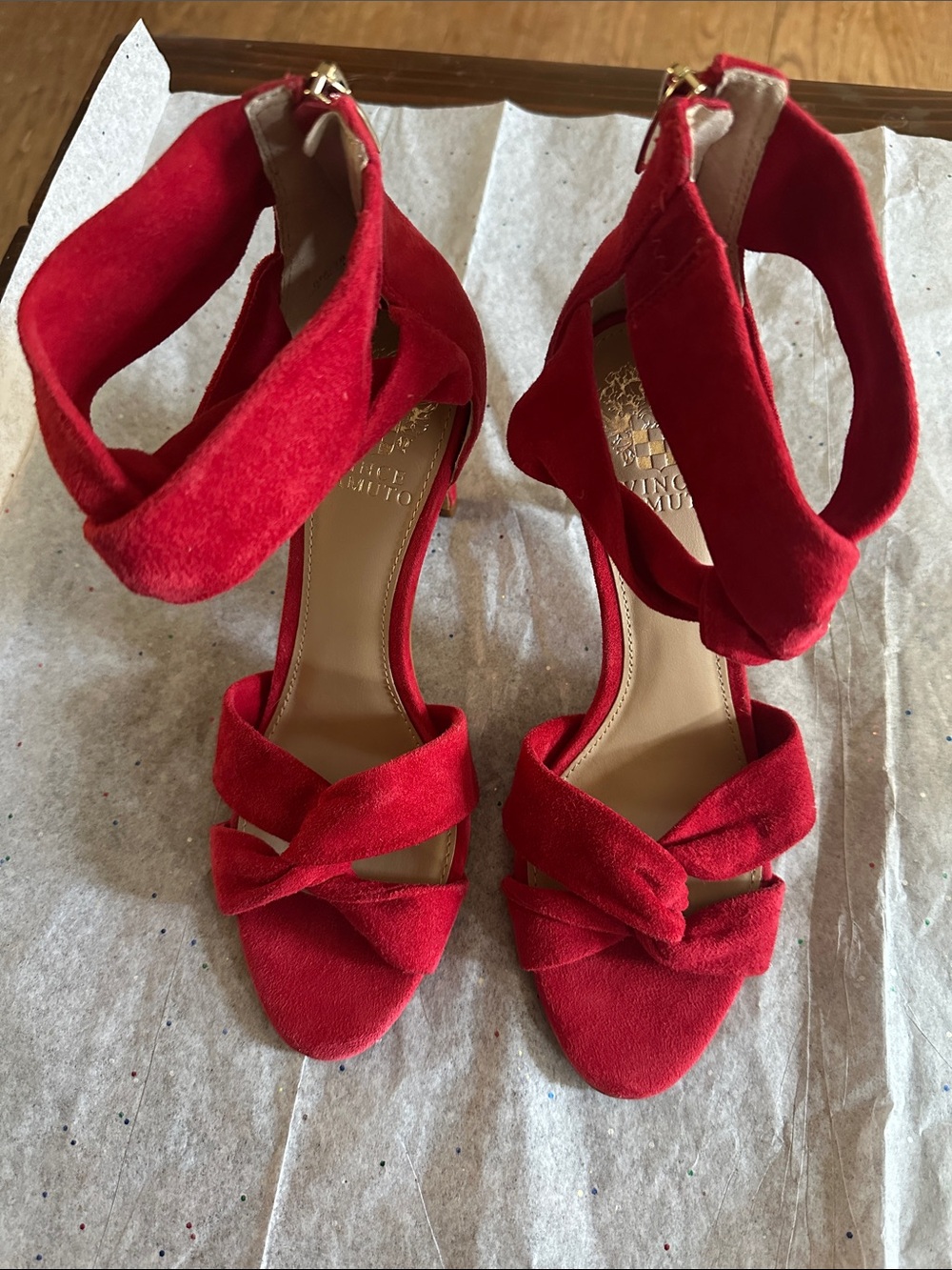 Vince Camuto Red Suede Knotted Ankle-Strap Heels